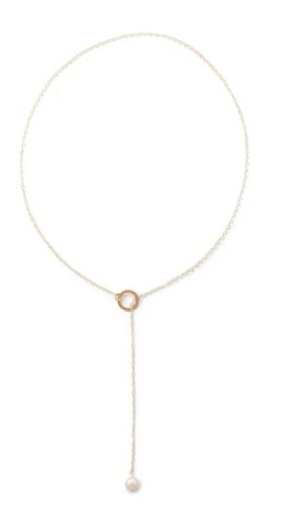 14K GOLD LARIAT CULTURED FRESHWATER PEARL NECKLACE
